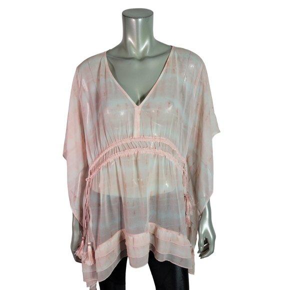 Lane Bryant Top Plus Size 14/16 V-Neck Ruffle Tassel Batwing Sleeve Sheer Pink - Picture 1 of 6